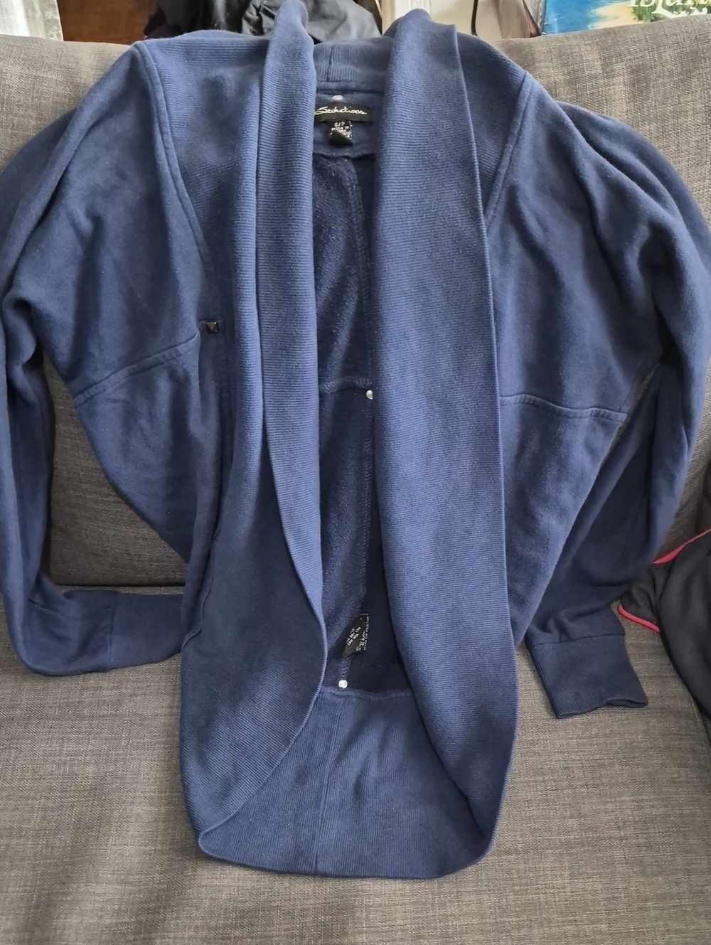 Seduction URBAN planet Womens Navy Blue Open-Front Shawl Collar Sweater